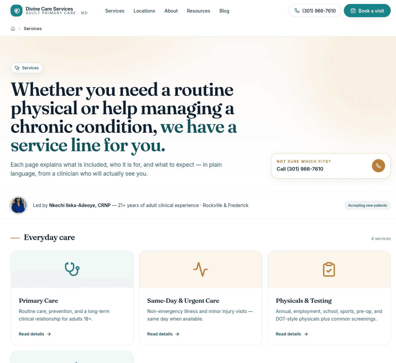 The live Divine Care Services website showing its services page